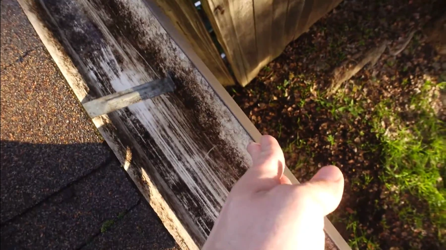 Technician checking a cleared gutter for mildew stains, part of what gutter cleaning includes