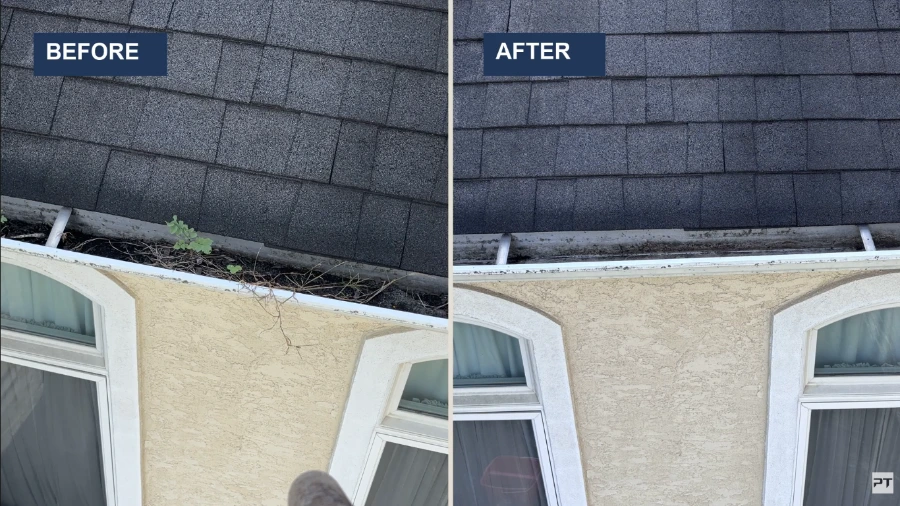 Before and after gutter cleaning in Roseville, CA: weeds and compacted dirt removed from a clogged gutter