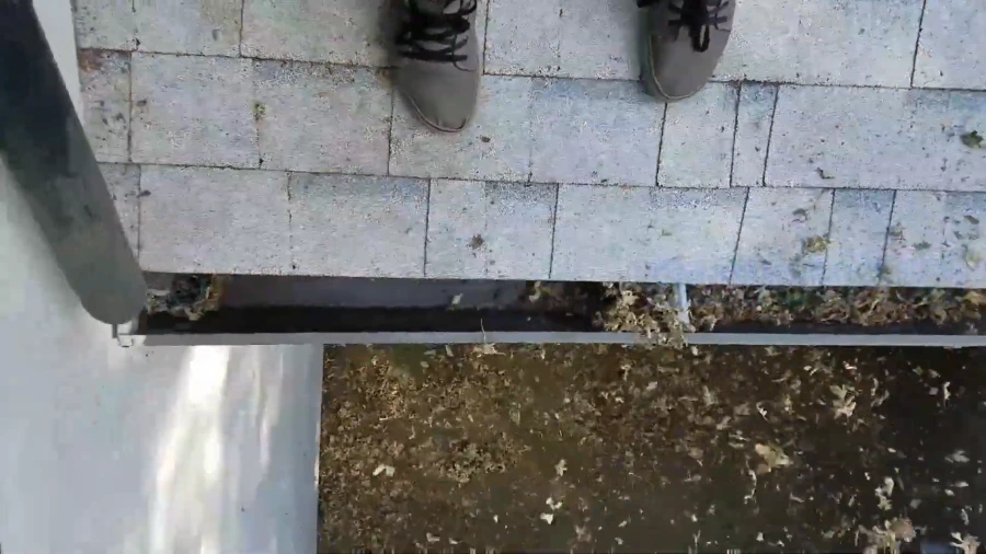 Leaves and gutter debris cleared from the roof edge onto the lawn during Roseville gutter cleaning