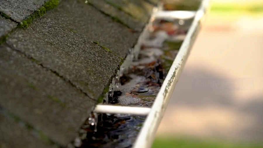 Moss on roof shingles and a clogged gutter holding standing water and leaves before gutter cleaning